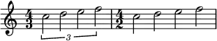 {
\time 4/3
\times 2/3 {c''2 d'' e'' f''}
\time 4/2
c'' d'' e'' f''
}