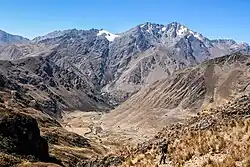 High Andean pass with rugged mountain ridges under a clear blue sky