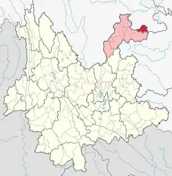 Location of Weixin County (red) and Zhaotong City (pink) within Yunnan