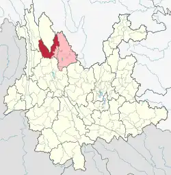 Location of Yulong County (red) and Lijiang City (pink) within Yunnan