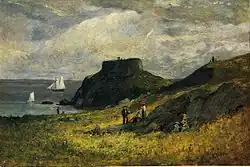 A seaside scene of groups of people relaxing on the side of a grassy hill. A round fort rises further back, with two people standing atop it. A two-masted boat and a small spritsail sloop are sailing past the fort in the background.