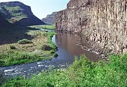 View over a desert river canyon surrounded by vertical cliffs