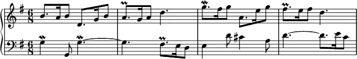 \new PianoStaff <<
\new Staff \relative c'' {
\key g \major \time 6/8
b8. a16 b8 d,8. g16 b8 |
a8.\prall g16 a8 d4. |
g8.\mordent fis16 g8 a,8. e'16 g8 |
fis8.\prall e16 fis8 d4. |
}
\new Staff \relative c' {
\key g \major \clef bass
g4\mordent g,8 g'4.~\mordent |
g4. fis8.\prall e16 d8 |
e4 d'8 cis4 a8 |
d4.~ d8. e16 c8 |
}
>>