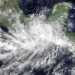 A photograph of a tropical depression over southeastern Mexico and western Guatemala