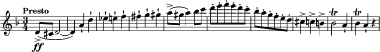 
{
  \new PianoStaff <<
    \new Staff \relative d' {
      \set Staff.midiInstrument = #"string ensemble 1" \key d \minor \clef treble \time 3/4 \set Score.tempoHideNote = ##t \tempo "Presto" 4 = 250
  d8 \ff ( -> cis8 d2 ~ | % 2
  d4 ) a'4 -! d4 -! | % 3
  es4 -! e4 -! f4 -! | % 4
  fis4 -! g4 -! gis4 -! | % 5
  a8 ( -> gis8 a4 ) bes8 c8 | % 6
  d8 -. e8 -. f8 -. e8 -. d8 -. c8 -. | % 7
  bes8 -. a8 -. g8 -. f8 -. e8 -. d8 -. | % 8
  cis4 -> c4 -> b4 -> | % 9
  bes2 \trill a4 -! | 
  bes4 \trill a4 -! r4
    }
  >>
}
