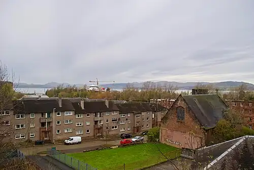 The church and surrounding buildings looking towards Ferguson Marine shipyard