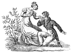 Woodcut depicting marriage proposal - genuflection (kneel/squat combination)