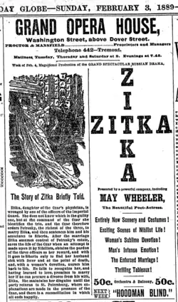 Advertisement for "Zitka" with May Wheeler, 1889