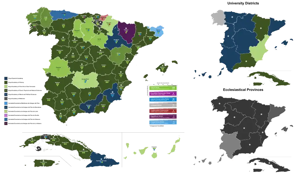 Map of Spain showcasing seat distribution by Senate constituency