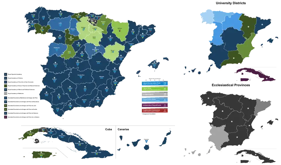Map of Spain showcasing seat distribution by Senate constituency
