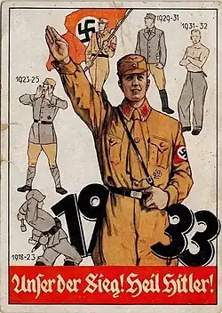 Propaganda poster showing SA uniforms from the Freikorps movements after World War I, through the party ban 1923–25, the uniform ban 1930–1931 up to 1933 when Adolf Hitler became Chancellor