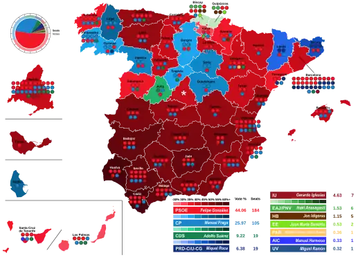 Map of Spain showcasing seat distribution by Congress of Deputies constituency
