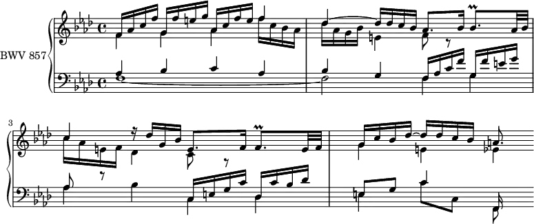 
\version "2.18.2"
\header {
  tagline = ##f
}

Prallbeshp  = { \tag #'print { bes8.\prall } \tag #'midi { \times 2/3 { c32 bes c } bes8 } }
Prallfhp    = { \tag #'print { f8.\prall } \tag #'midi { \times 2/3 { g32 f g } f8 } }

upper = \relative c' {
    \clef treble
    \key f \minor
    \time 4/4
    \tempo 4 = 52 % tempo de Keller
    \set Staff.midiInstrument = #"harpsichord"

   %% PRÉLUDE CBT I-12, BWV 857, fa mineur
    << { f16 aes c f g, f' e g aes, c f e f4 | des4~ des16 des c bes aes8. bes16 \Prallbeshp aes32 bes c4 r16 des16 g, bes e,8. f16 \Prallfhp e32 f | g16 c bes des~ des des c bes a8. } \\ { f4 g aes f'16 c bes aes des aes g bes | e,4 f8 r8 s4 | c'16 aes e f des4 c8 r8 s4 g'4 e ees4*1/2 } >>
   
}

lower = \relative c' {
    \clef bass
    \key f \minor
    \time 4/4
    \set Staff.midiInstrument = #"harpsichord"

    << { aes4 bes c aes bes g f16 aes c f g, f' e g | aes,8 r8 s4 c,16 e g c des, c' bes des e,8 g c4 f,,16 } \\ { f'1~ f2 f4 g | aes bes c, des | e c'8 c, f, } >>
}

 thePianoStaff = \new PianoStaff <<
    \set PianoStaff.instrumentName = #"BWV 857"
    \new Staff = "upper" \upper
    \new Staff = "lower" \lower
  >>

\score {
  \keepWithTag #'print \thePianoStaff
  \layout {
    \context {
      \Score
      \remove "Metronome_mark_engraver"
      \override SpacingSpanner.common-shortest-duration = #(ly:make-moment 1/2)
    }
  }
}

\score {
  \keepWithTag #'midi \thePianoStaff
  \midi { }
}
