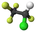 Ball-and-stick model of 2-chloro-1,1,1,2-tetrafluoroethane