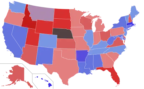 Lower house seats by party holding majority in each state Republican 50–60% 60–70% 70–80% 80–90% 90–100% Democratic 50–60% 60–70% 70–80% 80–90% 90–100%
