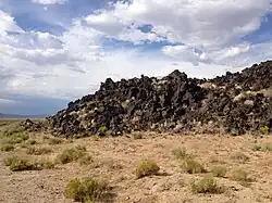 Pile of jagged black rocks with little vegetation