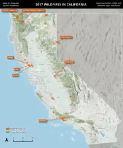 A map of wildfires in California in 2017, using Cal Fire data