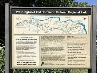 Marker at end of the W&OD Trail in Purcellville showing the trail's route (August 2018)