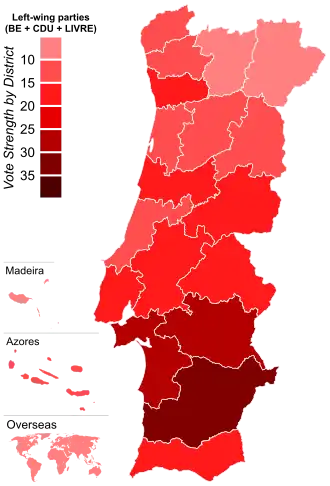 Vote strength for left-wing parties (BE, CDU, LIVRE) by electoral district.