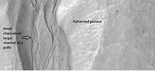 Close-up of gully showing multiple channels and patterned ground, as seen by HiRISE under the HiWish program
