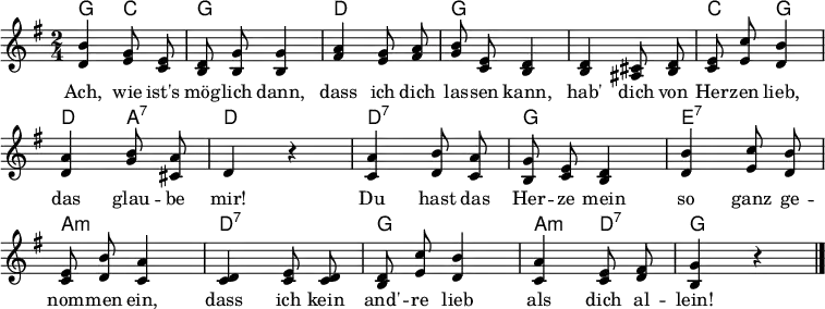\layout { \context { \Score \remove "Bar_number_engraver" } }
<<
\new ChordNames { \set Staff.midiInstrument = #"acoustic guitar (nylon)" \chordmode { g,4 c, g,2 d, g, s c,4 g, d, a,:7 d,2 d,:7 g, e,:7 a,:m d,:7 g, a,4:m d,:7 g,2} }
\relative g' {\set Staff.midiInstrument = #"clarinet" \autoBeamOff \key g \major \time 2/4 \set Score.tempoHideNote = ##t \tempo 4=55
<b d,>4 <g e>8 <e c>8 | <d b>8 <g b,>8 <g b,>4 | <a fis>4 <g e>8 <a fis>8 | <b g>8 <e, c>8 <d b>4 | <d b>4 <cis ais>8 <d b>8 | <e c>8 <c' e,>8 <b d,>4 | <a d,>4 <b g>8 <a cis,>8 | d,4 r |
<a' c,>4 <b d,>8 <a c,>8 | <g b,>8 <e c>8 <d b>4 | <b' d,>4 <c e,>8 <b d,>8 | <e, c>8 <b' d,>8 <a c,>4 | <d, c>4 <e c>8 <d c>8 | <d b>8 <c' e,>8 <b d,>4 |
\tempo 4=50 <a c,>4 <e c>8 <fis d>8 | <g b,>4 r \bar "|."
}
\addlyrics {
Ach, wie ist's mög -- lich dann,
dass ich dich las -- sen kann,
hab' dich von Her -- zen lieb,
das glau -- be mir!
Du hast das Her -- ze mein
so ganz ge -- nom -- men ein,
dass ich kein and' -- re lieb
als dich al -- lein!
}
>>
\midi { \context { \ChordNames midiMinimumVolume = #0.3 midiMaximumVolume = #0.3 } }