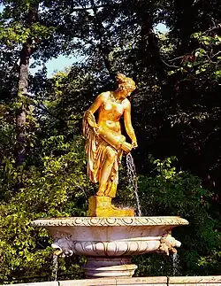 Neoclassical lion mascarons on Danaida fountain, Peterhof Palace, Saint Petersburg, designed by Andrei Stackenschneider and sculpted by Ivan Vitali, 1853-1854