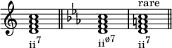 {
\override Score.TimeSignature #'stencil = ##f
\relative c' {
\clef treble
\time 4/4
\key c \major
<d f a c>1_\markup { \concat { "ii" \raise #1 \small "7" } } \bar "||"
\clef treble
\time 4/4
\key c \minor
<d f aes c>1_\markup { \concat { "ii" \raise #1 \small "ø7" } }
<d f a c>^\markup { "rare" }_\markup { \concat { "ii" \raise #1 \small "7" } } \bar "||"
} }
