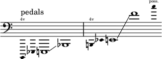  {
    \new Staff \with { \omit Score.TimeSignature }
    \clef bass \key c \major \cadenzaOn \omit Stem
    \tweak font-size #-2 b,,,4 \finger \markup \text "4v" ^ "pedals"
    \glissando
    \tweak font-size #-2 ees,,4
    e,,1 \glissando bes,,1
    \bar "|"
    \tweak font-size #-2 b,,4 \finger \markup \text "4v"
    \glissando
    \tweak font-size #-2 ees,4
    e,1 \glissando f' \tweak font-size #-2 c''4 \finger \markup \text "poss."
  }