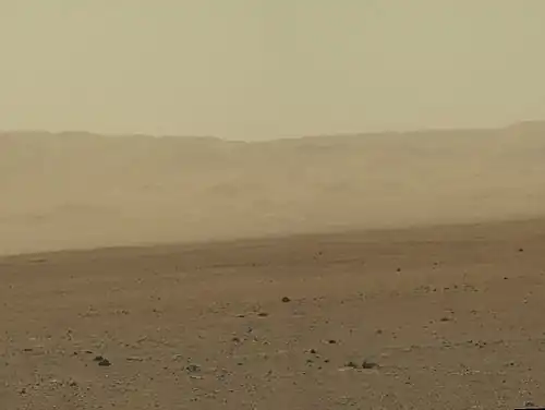 Gale Crater rim about 18&nbsp;km (11&nbsp;mi) North of the Curiosity rover (August 9, 2012).