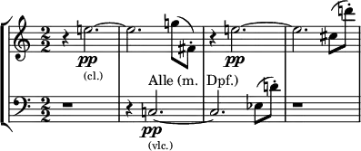 \new StaffGroup <<
\new Staff \relative c'' {
\clef treble \override Staff.TimeSignature.style = #'numbered \time 2/2
\set Score.tempoHideNote = ##t \tempo 2 = 50 \accidentalStyle dodecaphonic
\set Staff.midiInstrument = "clarinet"
r4 e2._\markup { \tiny (cl.) }\pp~ | e2. g8( fis,8-.) | r4 e'2.\pp~ | e2. cis8( d'8-.) |
}
\new Staff \relative c {
\clef bass \override Staff.TimeSignature.style = #'numbered \time 2/2
\set Score.tempoHideNote = ##t \tempo 2 = 50 \accidentalStyle dodecaphonic
\set Staff.midiInstrument = "string ensemble 1"
r1 | r4 c2.^"Alle (m. Dpf.)"_\markup { \tiny (vlc.) }\pp~ | c2. ees8( d'8-.) | r1
}
>>
