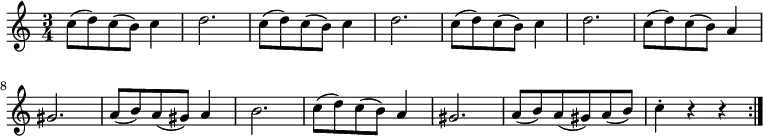 
\relative a'' { 
\key a \minor
\time 3/4 
\tempo " "
\tempo 4 = 180
\repeat volta 2 {
c,8 (d) c (b) c4 d2.
c8 (d) c (b) c4 d2.
c8 (d) c (b) c4 d2.
c8 (d) c (b) a4 gis2.
a8 (b) a (gis) a4 b2.
c8 (d) c (b) a4 gis2.
a8 (b) a (gis) a (b) c4\staccato r4 r }
}
