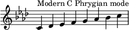 {
\key c \phrygian
\override Score.TimeSignature #'stencil = ##f
\relative c' {
\clef treble \time 8/4
c4^\markup { Modern C Phrygian mode } des es f g aes bes c
} }