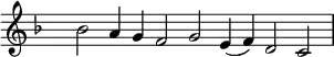 
{ \key f \major 
\set Score.tempoHideNote = ##t
\tempo 2=72
\set Staff.midiInstrument = "english horn"
\override Score.TimeSignature #'transparent = ##t 
\override Score.BarNumber  #'transparent = ##t
\time 7/2
bes'2 a'4 g' f'2 g' e'4 (f') d'2 c'
}
