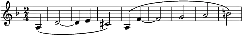 
  \relative c' { \clef treble \key d \minor \time 2/4 \partial 4*1 a4( d2~ d4 e cis2) a4( f'~ f2 g a b) }

