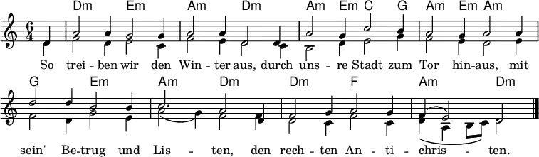 \header {tagline = ##f }
\layout { indent = 0 \set Score.tempoHideNote = ##t \context { \Score \remove "Bar_number_engraver" } }
global = { \key d \dorian \time 6/4 \partial 4 }
kords = \chordmode { \set Staff.midiInstrument = "acoustic guitar (nylon)"
\global % \set chordChanges = ##t
s4 | d,2.:m\ppp e,:m | a,:m d,:m
a,2:m e,4:m c,2 g,4 |
a,2:m e,4:m a,2.:m |
g, e,:m | a,:m d,:m |
d,:m f, | a,:m d,2:m \bar "|."
}
% Alternative chords:
kordsxx = \chordmode { \set Staff.midiInstrument = "acoustic guitar (nylon)"
\global \set chordChanges = ##t
s4 | d,2.:m\pp g, | d,:m d,:m
d,:m c, | f, d,:m |
g, e,:m | a,:m d,:m |
f, d,:m | a,:m d,2:m \bar "|."
}
sopranoVoice = \relative c' { \global
d4 | a'2 a4 g2 g4 | a2 a4 d,2
d4 | a'2 g4 c2 b4 | a2 g4 a2
a4 | d2 d4 b2 b4 | c2. a2
d,4 f2 g4 a2 g4 | f4 (e2) d2 \bar "|."
}
altoVoice = \relative c' { \global
d4 | f2 d4 e2 c4 | f2 e4 d2
c4 |b2 d4 e2 g4 | f2 e4 d2
e4 | f2 d4 g2 e4 | a2 (g4)f2
f4 | d2 c4 f2 c4 | d4 (a \tempo 2. = 48 b8 c) \tempo 2. = 33 d2 \bar "|."
}
verse = \lyricmode {
So trei -- ben wir den Win -- ter aus,
durch uns -- re Stadt zum Tor hin -- aus,
mit sein' Be -- trug und Lis -- ten,
den rech -- ten An -- ti -- chris -- ten.
}
\score {
<<
\new ChordNames \kords
\new Staff \with { midiInstrument = "clarinet" }
<<
\new Voice = "soprano" { \voiceOne \sopranoVoice }
\new Voice { \voiceTwo \altoVoice }
>>
\new Lyrics \lyricsto "soprano" \verse
>>
\layout { }
\midi {
\tempo 2.=69
}
}