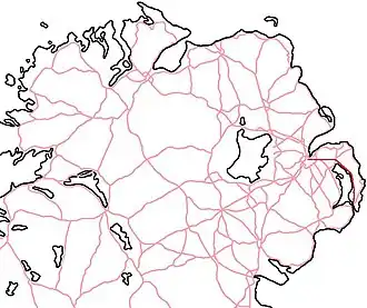 The route of the A20 in red from Belfast city centre (County Antrim) to Portaferry (County Down)