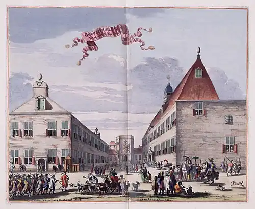 From right to left: the residence of the Governor-General inside the Castle, octagonal Church at the background, and the residence of the General-Director/Councillor of VOC. Painting from 1682.