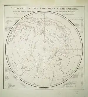 A round map of the Southern Hemisphere, centered on the South Pole, not showing Antarctica