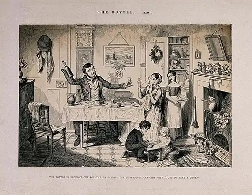 (1) The bottle is brought out for the first time. The husband induces his wife 'Just to take a drop.'