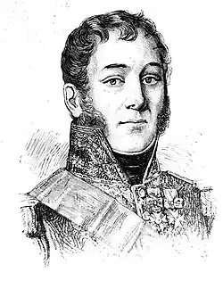 Black and white drawing shows a clean-shaven man with long sideburns. He wears a high-collared military uniform with many awards.