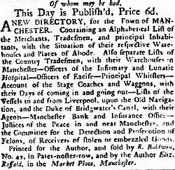 Advert that opens "This day is published, price 6d, A New Directory for the town of Manchester"
