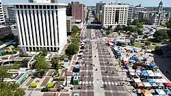 Aerial of main drag, Douglas Avenue, during an Open Streets event, looking east (2023)