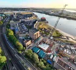 Aerial view of the Rochester Riverside development