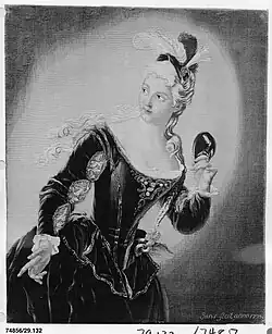 Jean-Jacques Jans after design by Santerre, Young Woman Holding a Mask, 1725, wool and silk tapestry; Metropolitan Museum of Art, New York City