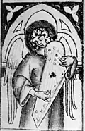 (Kingdom of Bohemia, 14th century). Picture of an unusual type of psaltery, found in Central Europe. Labeled "Bohemian wing" psaltery in Grove Dictionary of Musical Instruments.[2]