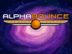 The words "AlphaBounce" appear above a long thing orange and white structure with an orange ball in the middle. In the background is a purple spiral galaxy.