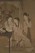 Woman wearing bijia (right). Woman wearing beizi (left). From the painting Amorous Meeting in a Room Interior, late 18th century Qing Dynasty.