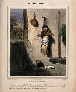 The Heir Apparent, a young child hung on a wall by his nurse, who has gone dancing (c. 1850), colour lithograph