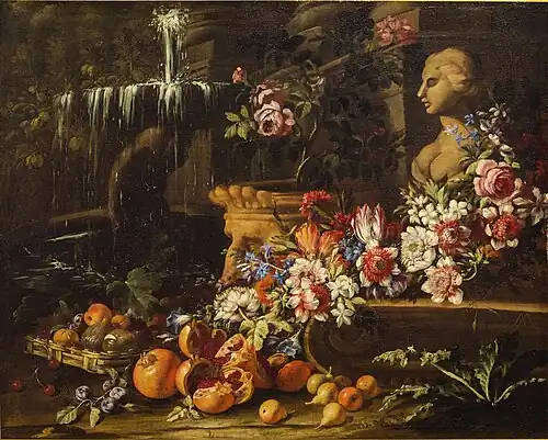 Still life with flowers, fruits and a fountain