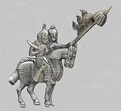 Anikova dish, two horsemen with banner, Semirechye, c. 800 CE design.[15]